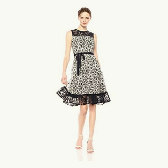 Nwt Ivory & Navy daisy print lace illusion midi dress Size 10 - Picture 1 of 8